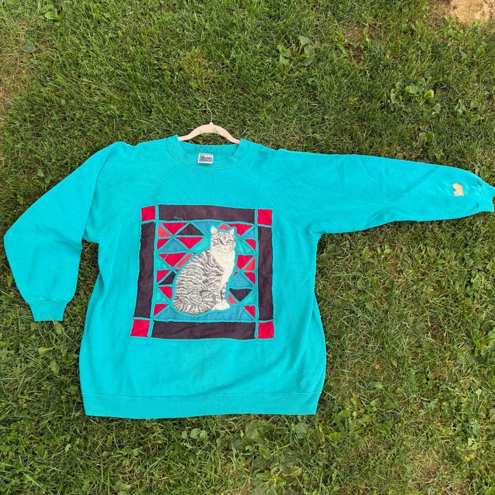 Hanes Her Way Sweatshirt XXL Teal Vintage 90s Made in USA Patchwork Cat Graphic